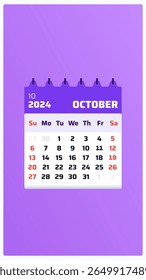 Calendário de outubro de 2024. História de calendário roxa. O fim de semana de 2024 inclui domingo e sábado. Modelo de grade. Data sheet do calendário de outubro de 2024. Ilustração vetorial