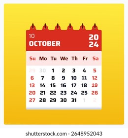 October 2024 calendar. Red calendar square. 2024 Weekend shown sunday and saturday. Planner grid template. Monthly overview october 2024. Vector illustration.

