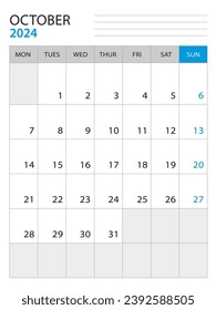 October 2024 - Calendar 2024 template vector illustration, week start on monday, Wall calendar 2024 design, Desk calendar template, corporate planner template, Stationery, organizer diary, vector