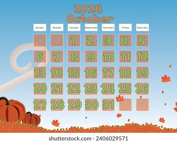 October 2024 Calendar Vector Illustration. Calendar Vector Template. Design with autumn themed background. Fall concept 2024 October calendar  fallen autumn dried leaves and pumpkin