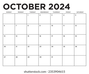 October 2024 Calendar. Week starts on Sunday. Blank Calendar Template. Fits Letter Size Page. Stationery Design.