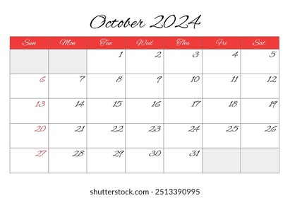 October 2024 ENGLISH month calendar. Vector printable illustration. Monthly planning for your business events