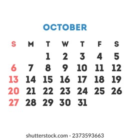 October 2024 month calendar. Vector illustration.