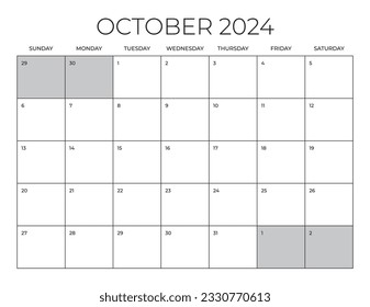 Calendario de Office de octubre de 2024, plantilla de calendario en blanco, planificación mensual de Home Office, calendario de tamaño de carta