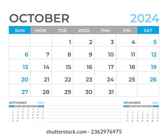 October 2024 page, Calendar 2024 template, Desk calendar 2024 year, planner design, Wall calendar, week starts on sunday, stationery design, Desk office, organizer office, vector eps10
