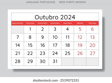 Calendario portugués de octubre de 2024 (Outubro). Ilustración vectorial. Planificación mensual de su negocio en Portugal