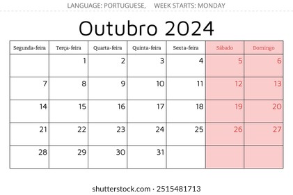 Calendario portugués de octubre de 2024. Ilustración vectorial. Planificación mensual de su negocio en Portugal
