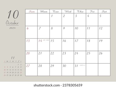 October 2024 Stylish writing calendar

In Japanese, it says "Sports Day", "Halloween", and "substitute holiday"