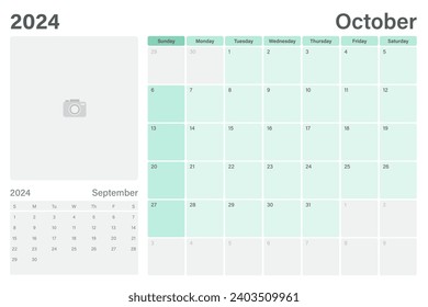 October 2024 table calendar or desk planner with space for your picture, vector design, weeks start on Sunday