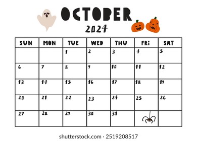 October 2024. Template calendar list. Monthly planner. Hand drawn design. Illustration on white background.