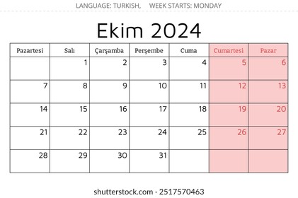 Outubro 2024 calendário TURCO - Ekim. Ilustração vetorial. Planejamento mensal para o seu negócio na Turquia
