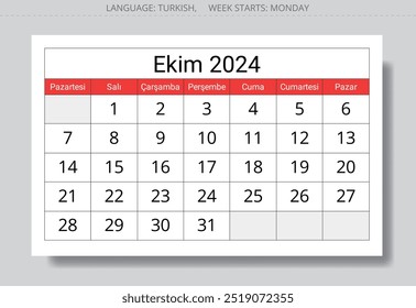 Octubre 2024 Calendario TURCO - Ekim. Ilustración vectorial. Planificación mensual de su negocio en Turquía
