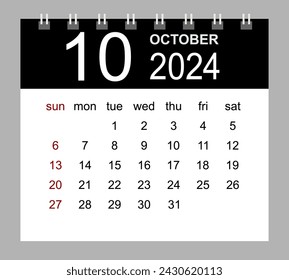 October 2024. Vector monthly calendar template 2024 year in simple style for template design. Week starts from Sunday.