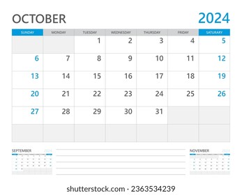 October 2024 year, Calendar planner 2024 and Set of 12 Months, week start on Sunday. Desk calendar 2024 design, simple and clean design, Wall calendar, Corporate design planner template vector