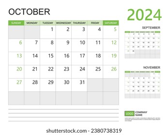 October 2024 year, Calendar planner 2024 template, week start on Sunday, Desk calendar 2024 design, simple and clean design green background, Wall calendar, Corporate design planner template vector