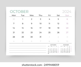 October 2024 year calendar. Planner calender layout. Week starts Monday. Desk monthly organizer. Timetable template. Table schedule grid. Vector simple illustration. Corporate diary. Paper size A5