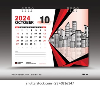 October 2024 year, Desk calendar 2024 template, Printable, Planner, Wall calendar design, Week starts on Sunday, Stationery design, Printing media, advertisement, calendar design vector illustration