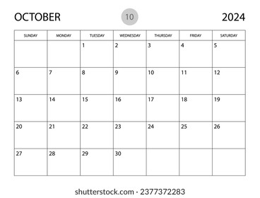 October 2024 year planner template, calendar 2024 template, monthly and yearly planners. organizer diary. week start Sunday, corporate planner template, Desk calendar 2024 year, Vector illustration