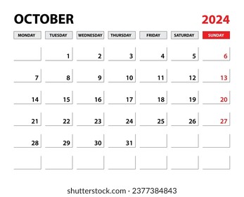 October 2024 year planner template, calendar 2024 template, monthly and yearly planners. organizer diary. week start monday, corporate planner template, Desk calendar 2024, Horizontal layout, vector