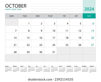 October 2024-Calendar 2024 template vector on green background, week start on monday, Desk calendar 2024 year, Wall calendar design, corporate planner template, Stationery, organizer diary, vector