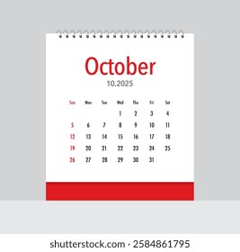 October 2025 Calendar. Date month of October 2025. Page of annual monthly calendar October 2025.
