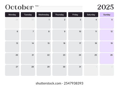October 2025 calendar desk planner, week starts on Monday, minimal design with blank lines, vector illustration 