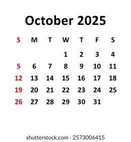 October  2025. Calendar with holydays or red dates. monthly calendar design with week starts on sunday. printable, simple, and clean vector design isolated on white background.