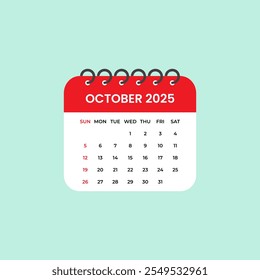 October 2025 Calendar Leaf. Calendar 2025 in flat style vector stock illustration.