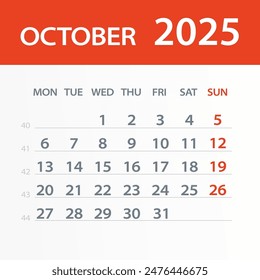 October 2025 Calendar Leaf - Illustration. Vector graphic page