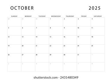 Calendario octubre 2025. Plantilla de planificador mensual. El domingo empieza. Diseño vectorial