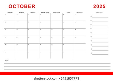 October 2025 calendar. Monthly planner template. Sunday start. Vector design