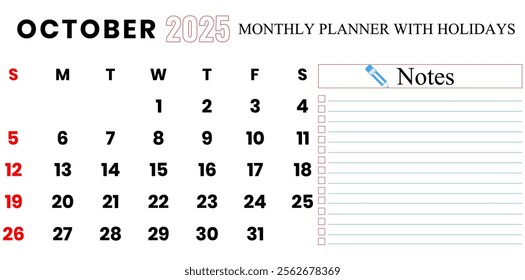 October 2025 Calendar, Monthly Planner With Holidays Vector Illustration.	