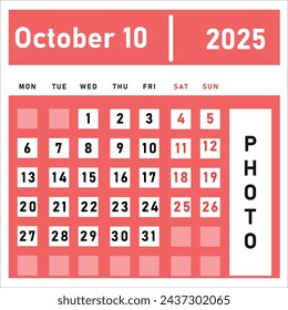 October 2025 calendar. New year idea.