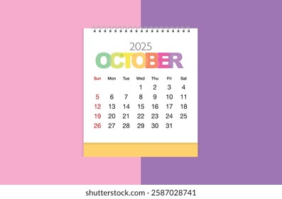 October 2025 Calendar on light pink and purple color background. Date month of October 2025. Page of annual monthly calendar October 2025.