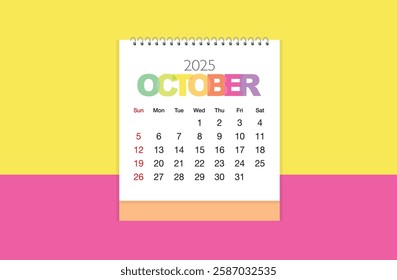 October 2025 Calendar on light yellow and light pink color background. Date month of October 2025. Page of annual monthly calendar October 2025.