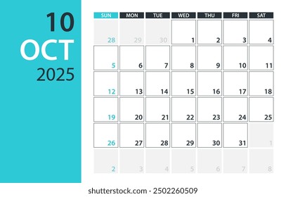 October 2025 Calendar Planner - Vector. Template Mock up