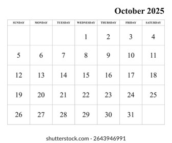 October 2025 Calendar Printable with sunday start