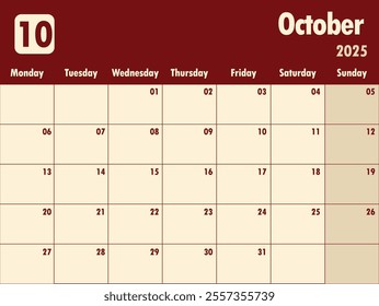 October 2025 calendar.  A simple monthly planner vector design