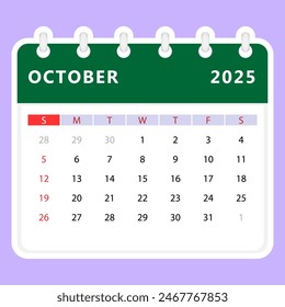 October 2025 calendar. Sunday start. Vector design