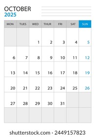 October 2025 - Calendar 2025 template vector illustration, week start on monday, Wall calendar 2025 design, Desk calendar template, corporate planner template, Stationery, organizer diary, vector