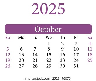 Ilustración vectorial del calendario de octubre de 2025. Calendario Octubre 2025. Planificador de diseño de Vector. Calendario colorido Octubre 2025. Planificador diario