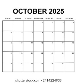 October 2025 calendar. Week starts on Sunday. Printable simple and clean calendar design. Stationery vector design.