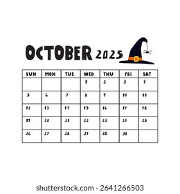 October 2025. Calendar with witch hat. Design illustration on white background.