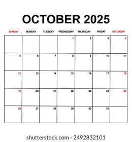 october 2025 with holydays or red dates. monthly calendar design with week starts on sunday. printable, simple, and clean vector design isolated on white background.