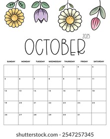 October 2025 Kids Calendar with Cute Floral Design