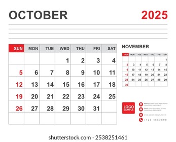 October 2025 layout, Calendar 2025 template, Printable minimalist monthly planner, Desk Calendar 2025 template, Wall calendar design, Week Start On Sunday, Stationery, printing, red color, vector
