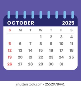 Outubro 2025 calendário estilo carta com uma semana começando no domingo. Ideal para gerenciamento de tempo, planejamento e programação. Conceito de design plano com um layout mensal destacável. Ilustração vetorial.