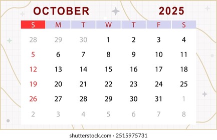 October 2025 monthly calendar. Cute calendar template. Sunday start. Vector design