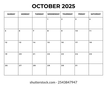 Octubre 2025 Diseño de calendario mensual con notas y la semana comienza desde el domingo