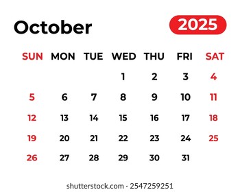 Octubre 2025 Diseño de calendario mensual con aspecto limpio y la semana comienza desde el domingo